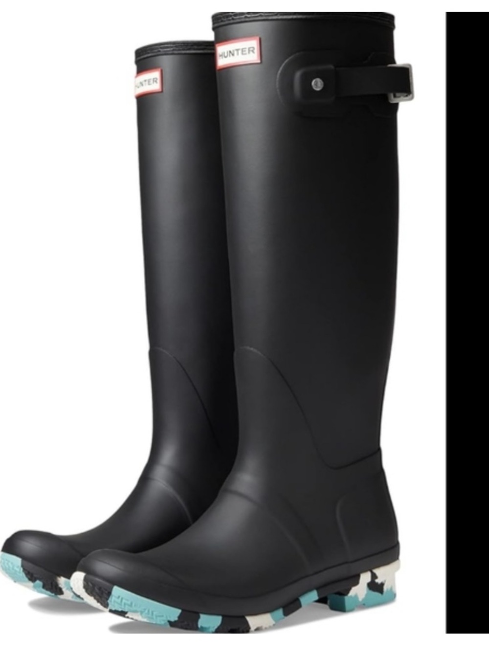 Hunter woman’s tall black rubber rain boots camo splash soles size 8